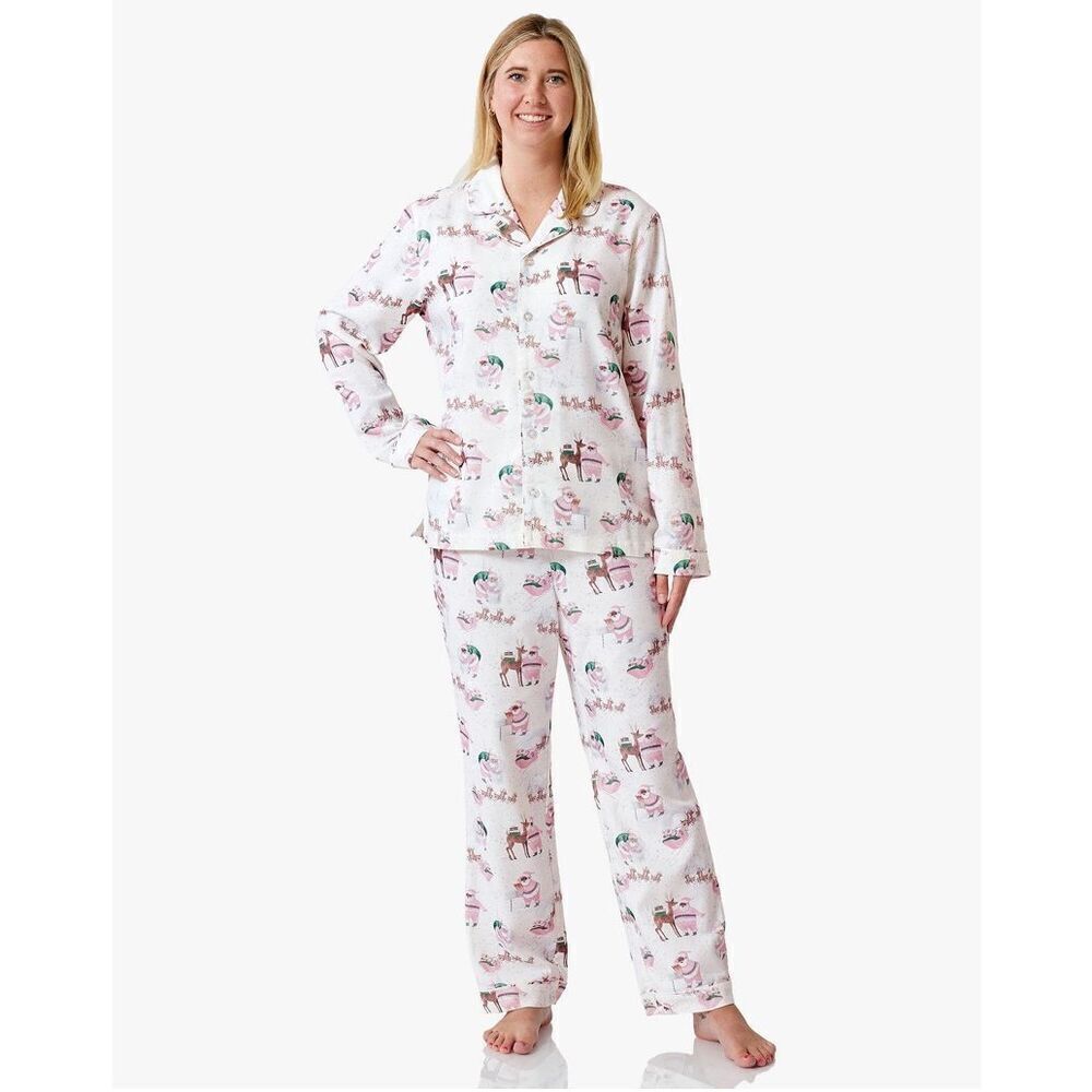 Pottery Barn Blush Heritage Santa Adult Flannel Pajama Set Med